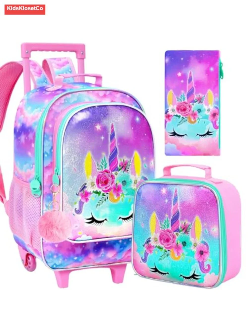 Kids Rolling Backpack with Lunch Bag and Pencil Case, Wheeled Bookbag, Water